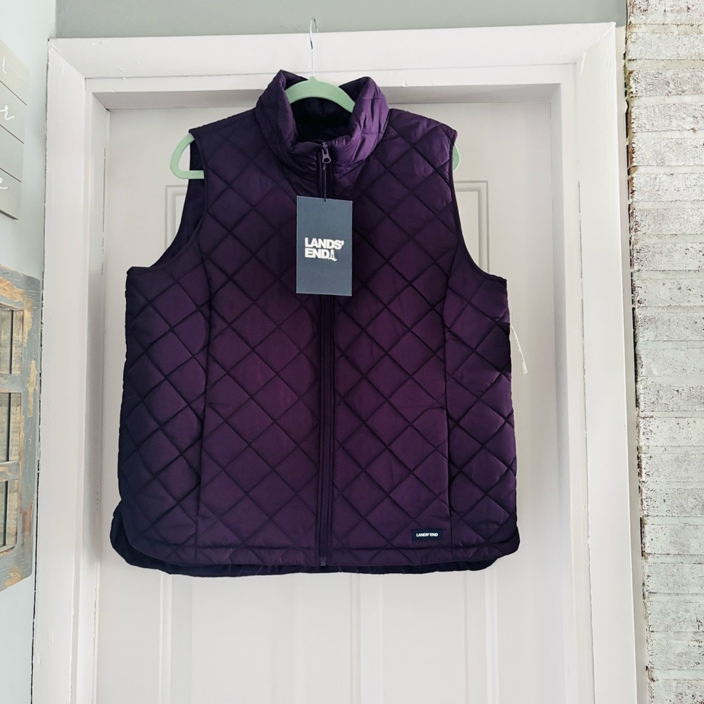 Lands' End Purple Quilted Vest with Stand-Up Collar